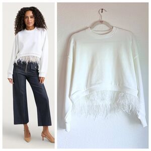 NWT Cinq à Sept Albertine Ostrich Feather Trimmed Sweatshirt in White Size Small